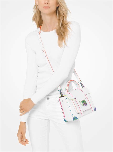 michael kors mk manhattan medium contrast-trim leather satchel -optic white|Michael Kors manhattan satchel.